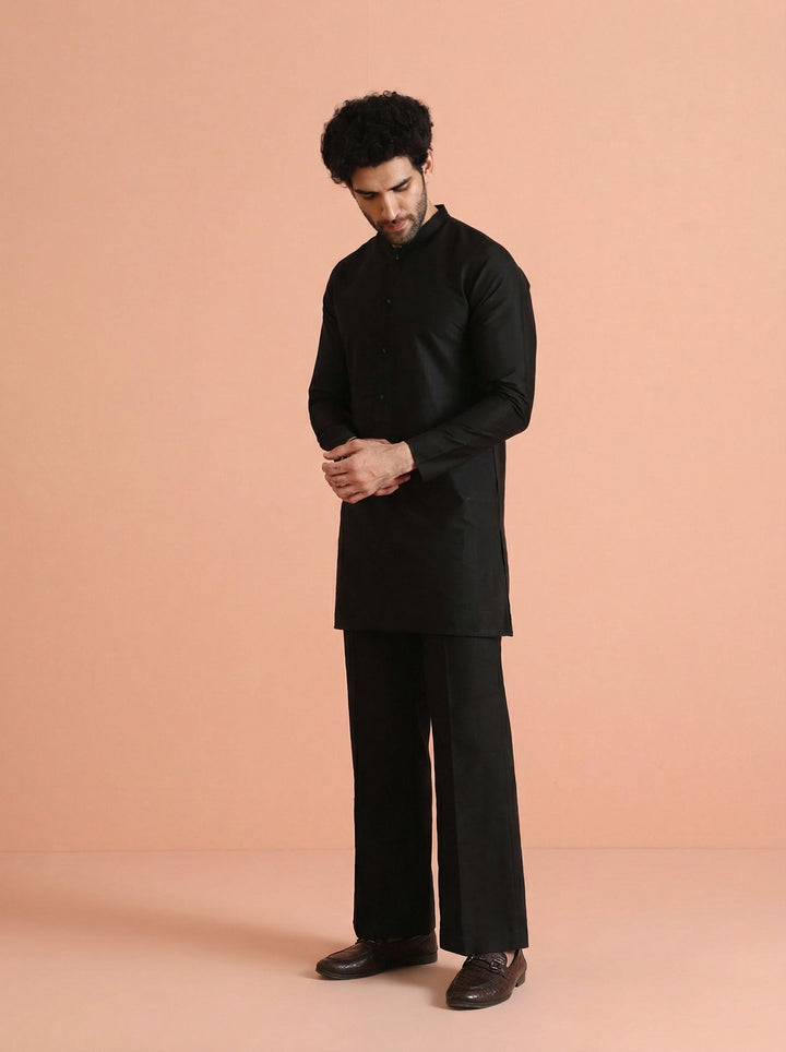 Black Cotton Blend Solid Front Open Mid Kurta Wide Leg Trouser Set | SHOBITAM