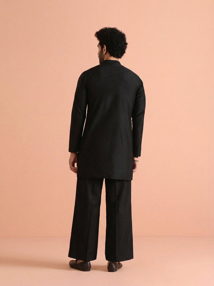 Black Cotton Blend Solid Front Open Mid Kurta Wide Leg Trouser Set | SHOBITAM