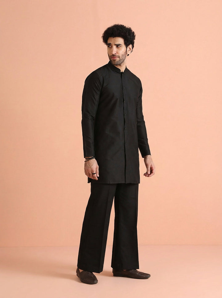 Black Cotton Blend Solid Front Open Mid Kurta Wide Leg Trouser Set | SHOBITAM