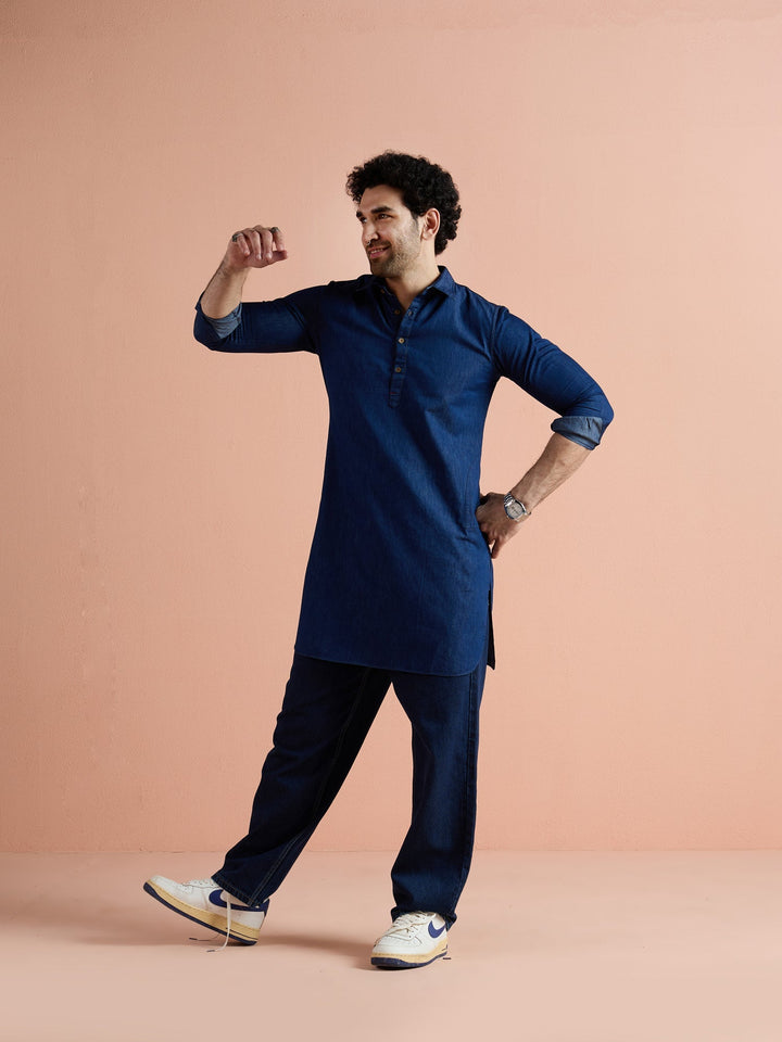 Blue Denim Solid Pathani Kurta For Men | SHOBITAM
