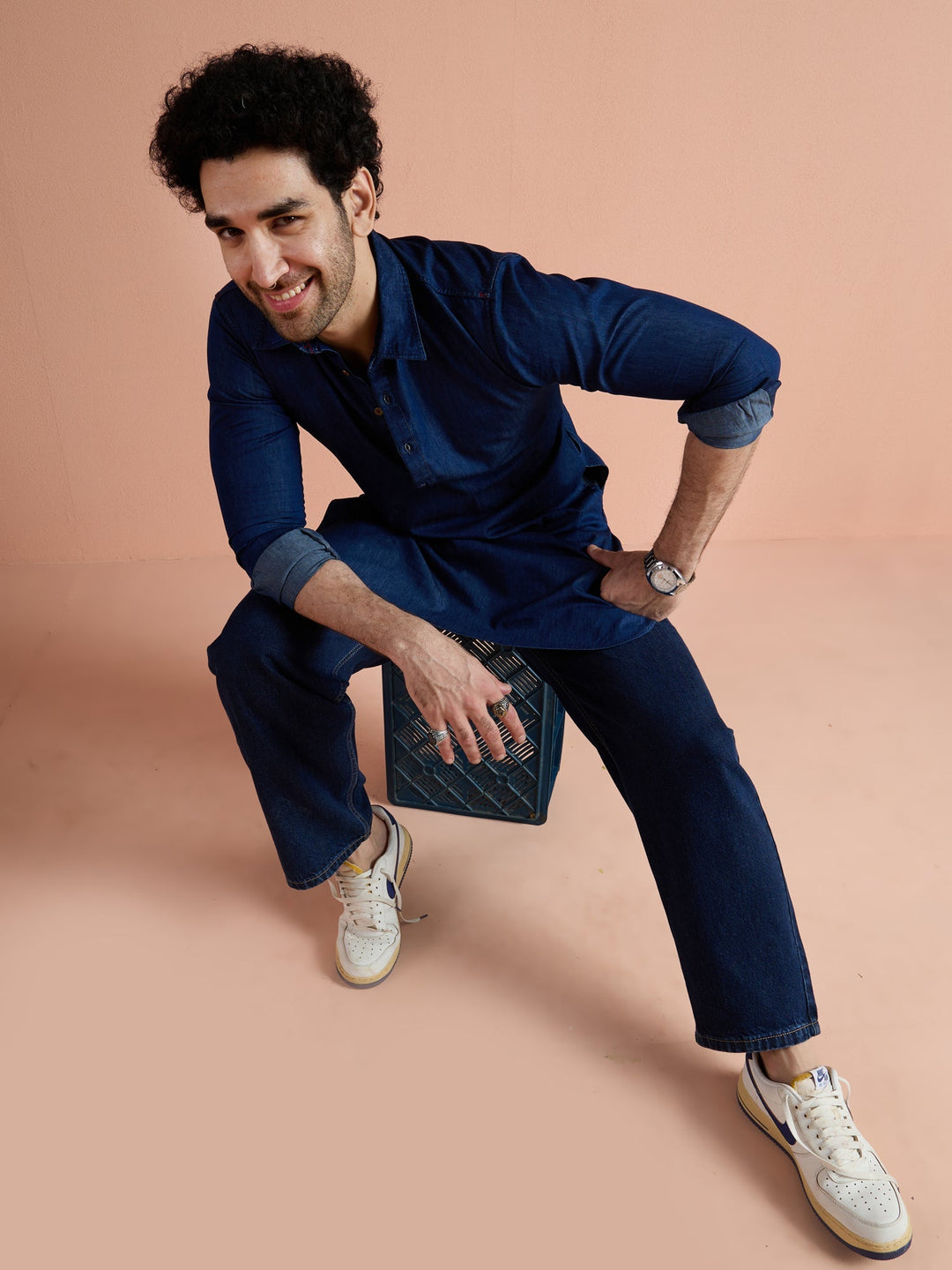 Blue Denim Solid Pathani Kurta For Men | SHOBITAM
