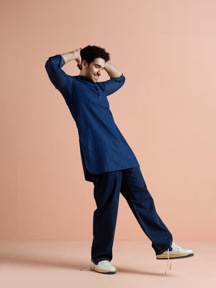 Blue Denim Solid Pathani Kurta For Men | SHOBITAM