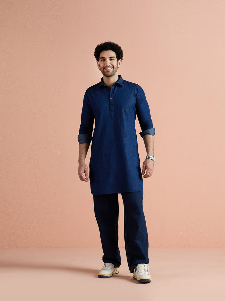 Blue Denim Solid Pathani Kurta For Men | SHOBITAM
