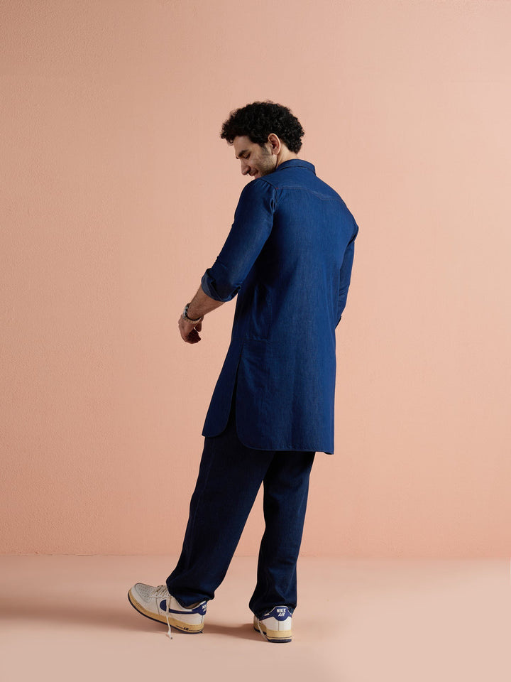 Blue Denim Solid Pathani Kurta For Men | SHOBITAM