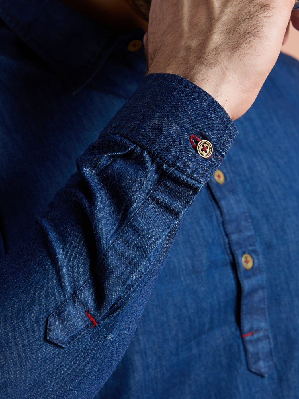Blue Denim Solid Pathani Kurta For Men | SHOBITAM