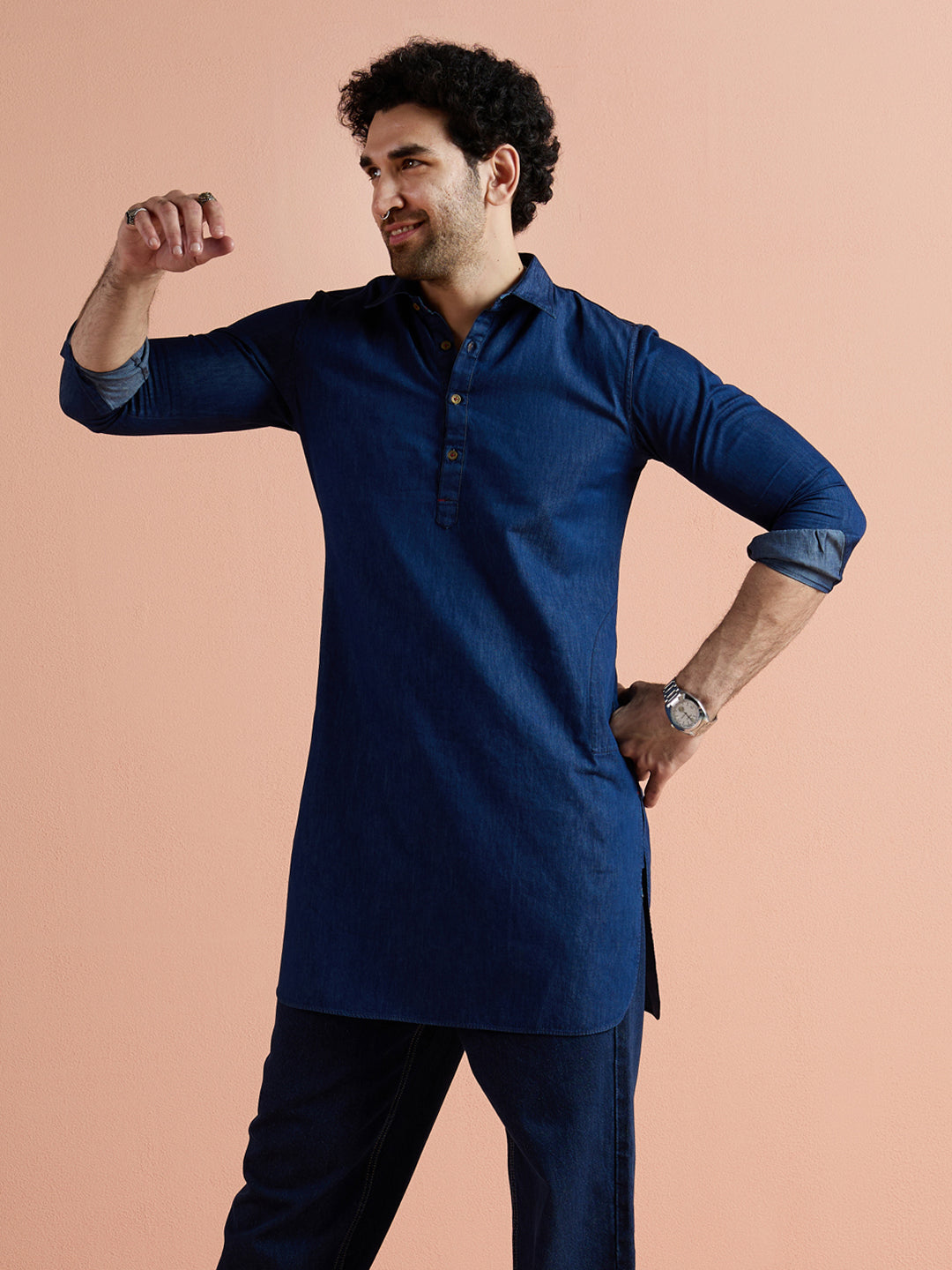 Blue Denim Solid Pathani Kurta For Men | SHOBITAM
