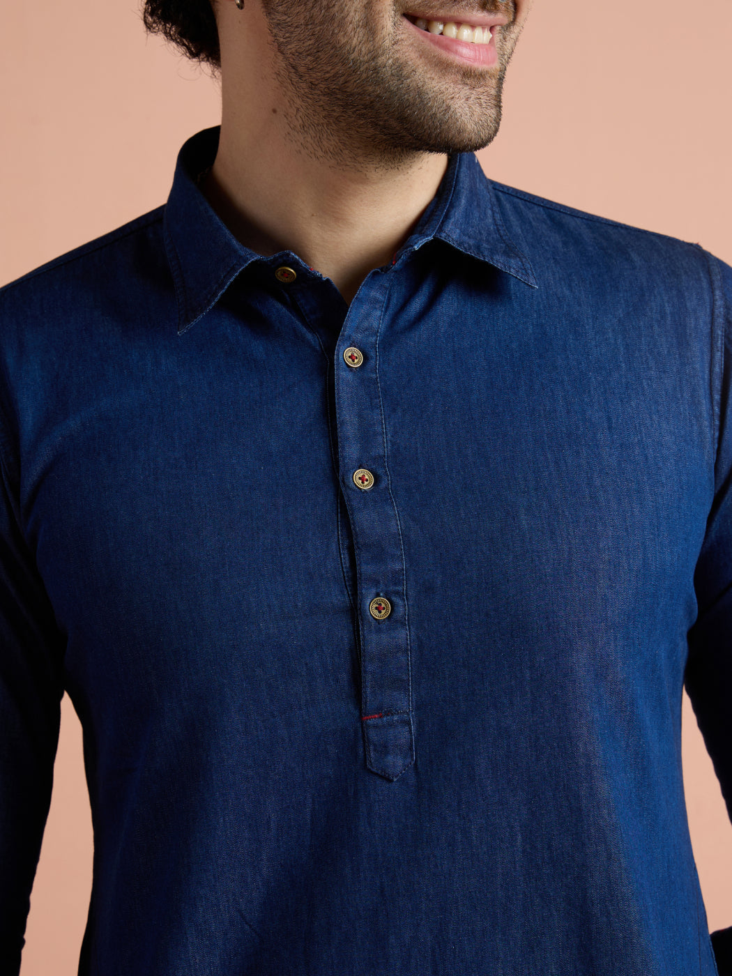 Blue Denim Solid Pathani Kurta For Men | SHOBITAM