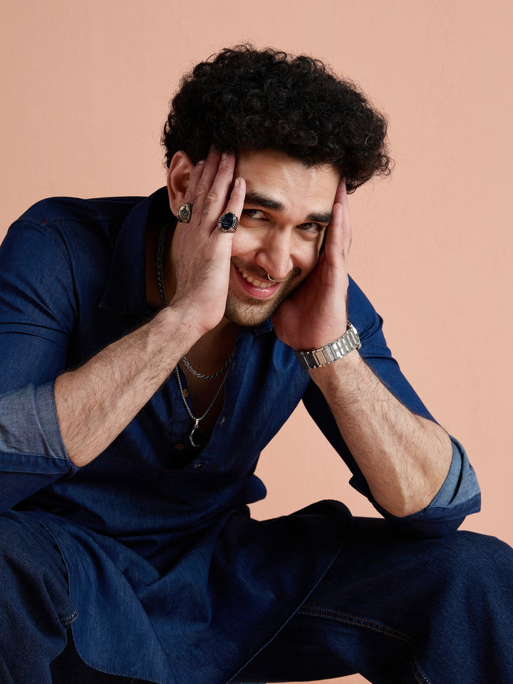 Blue Denim Solid Pathani Kurta For Men | SHOBITAM