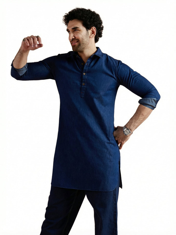 Blue Denim Solid Pathani Kurta For Men | SHOBITAM