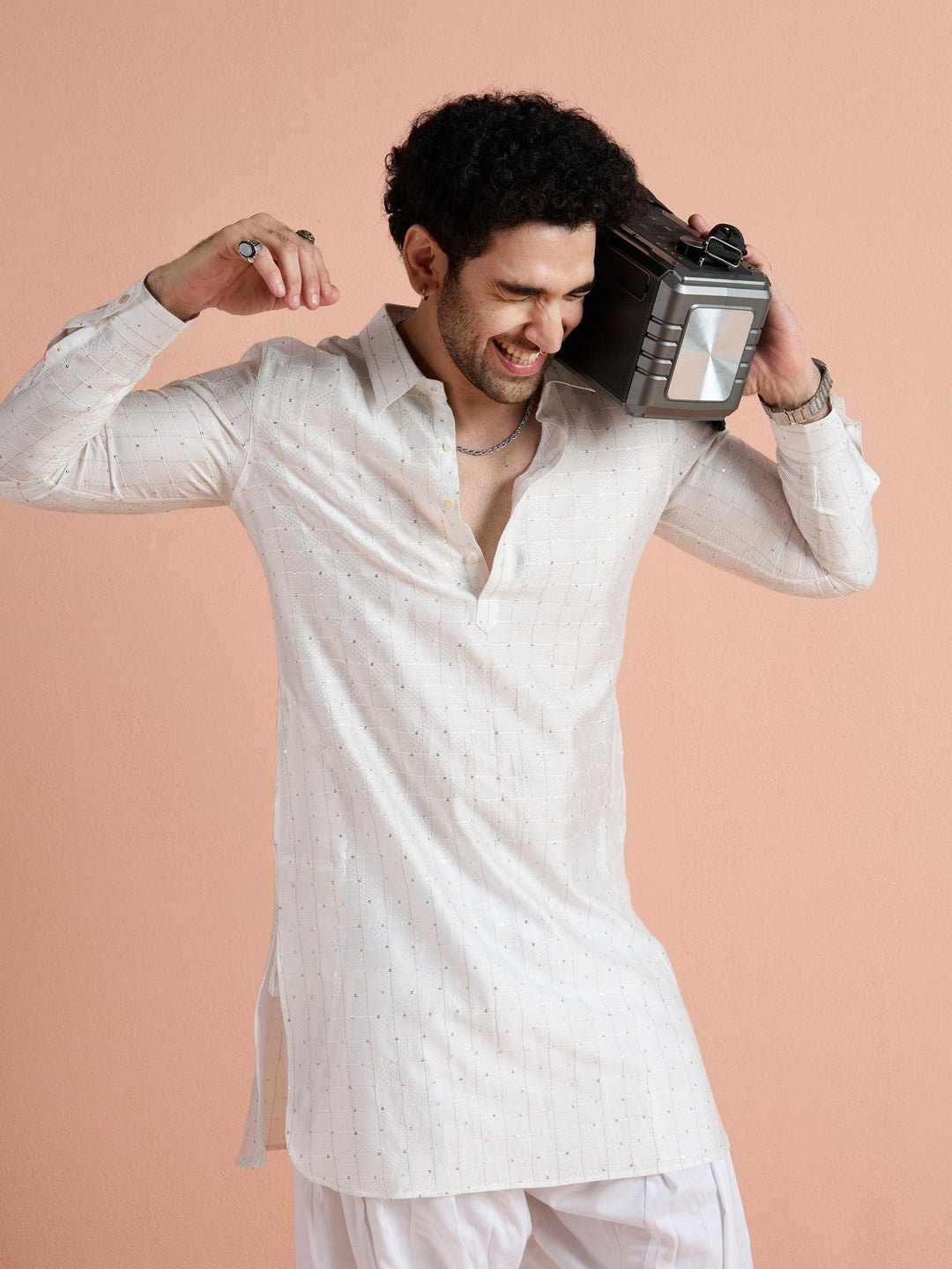 White Viscose Embellished Pathani Kurta For Men | SHOBITAM