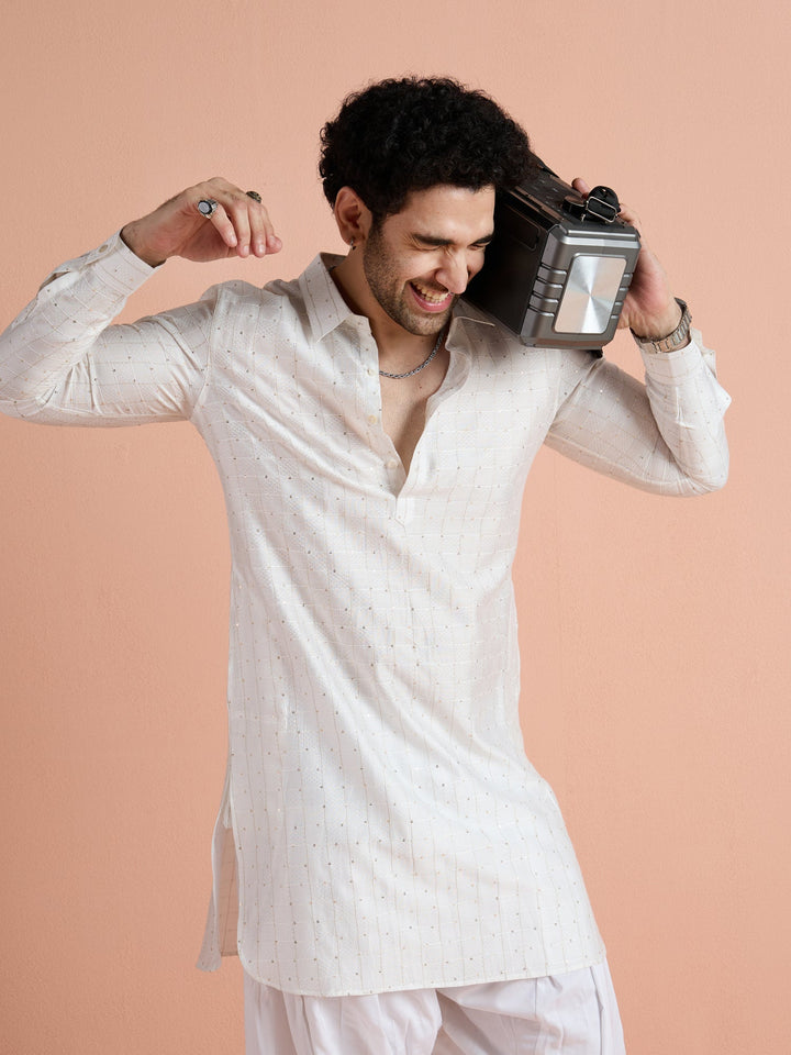 White Viscose Embellished Pathani Kurta For Men | SHOBITAM