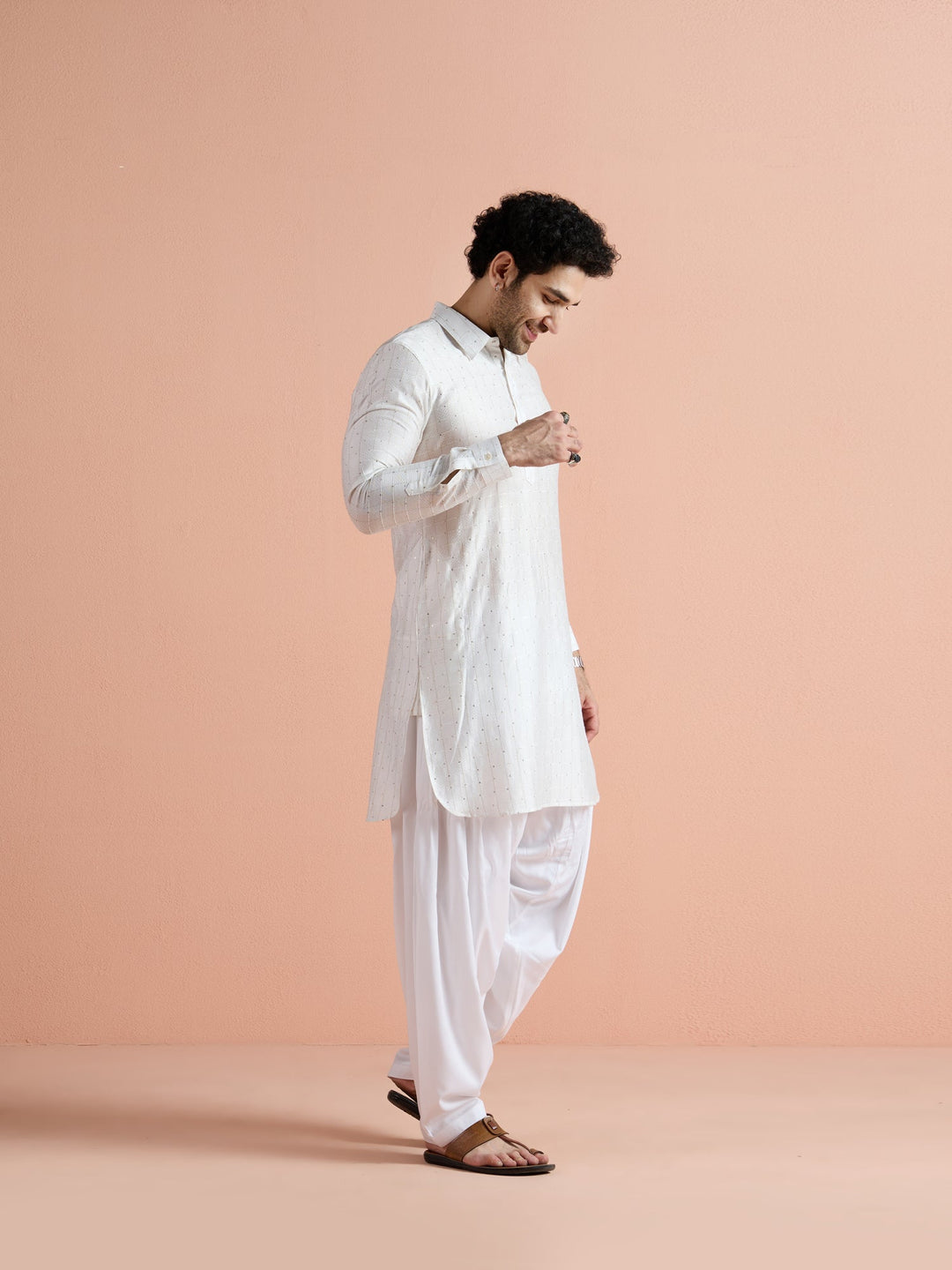 White Viscose Embellished Pathani Kurta For Men | SHOBITAM