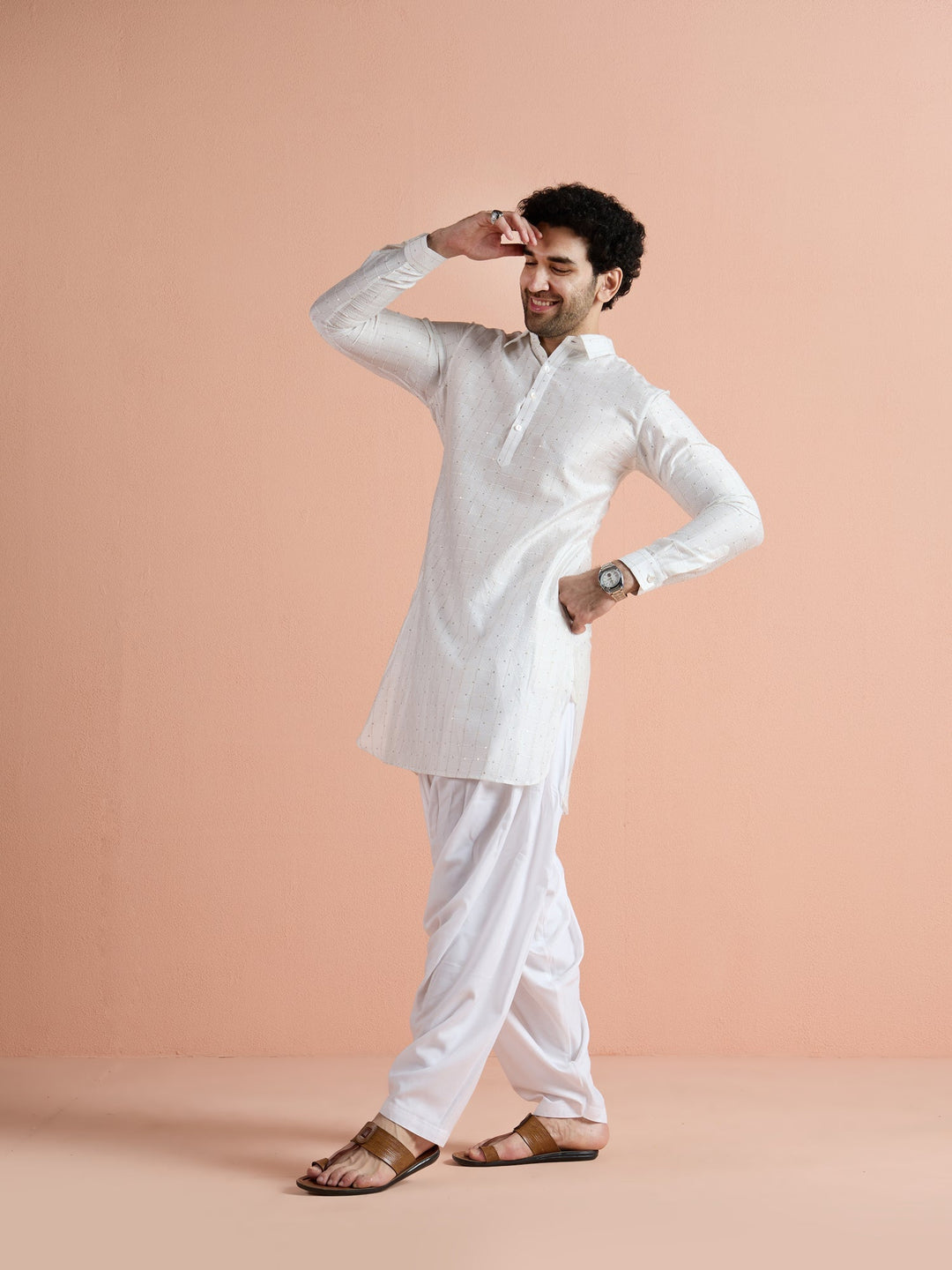 White Viscose Embellished Pathani Kurta For Men | SHOBITAM