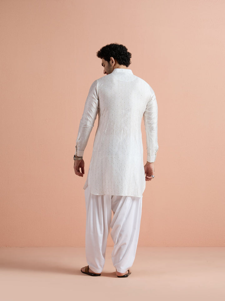 White Viscose Embellished Pathani Kurta For Men | SHOBITAM