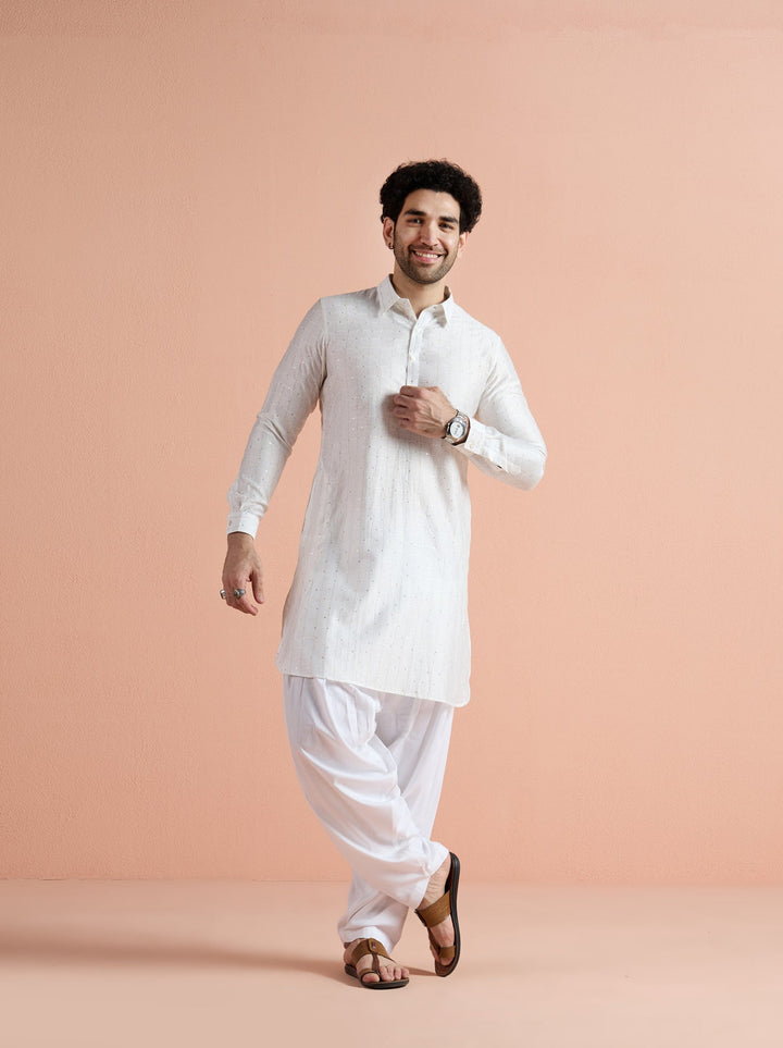 White Viscose Embellished Pathani Kurta For Men | SHOBITAM