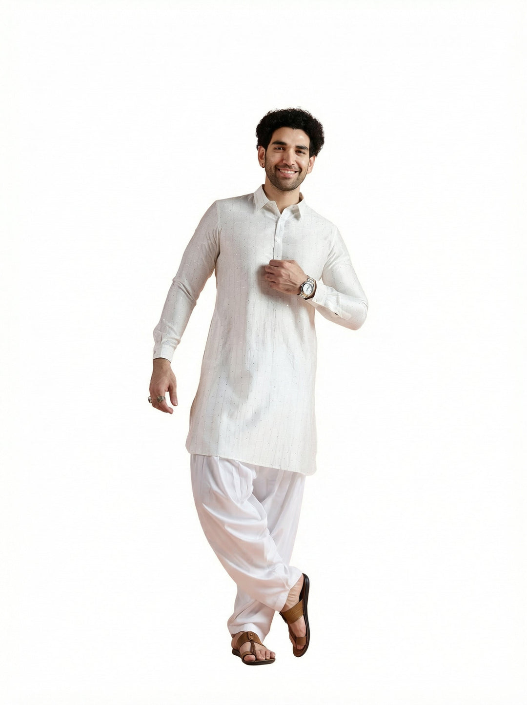 White Viscose Embellished Pathani Kurta For Men | SHOBITAM