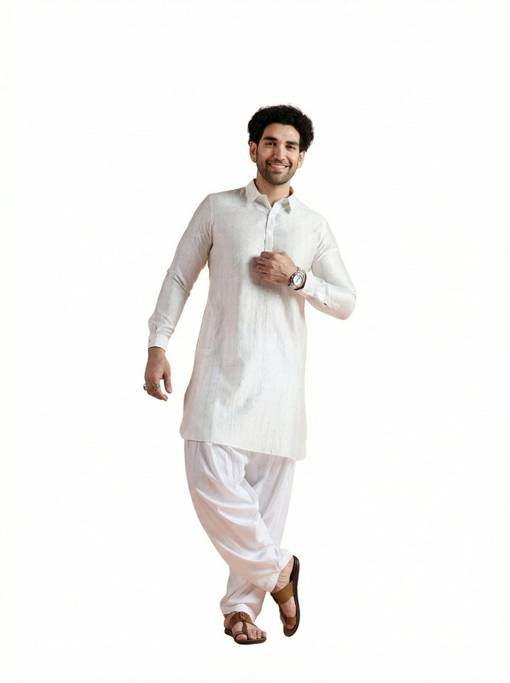 White Viscose Embellished Pathani Kurta For Men | SHOBITAM