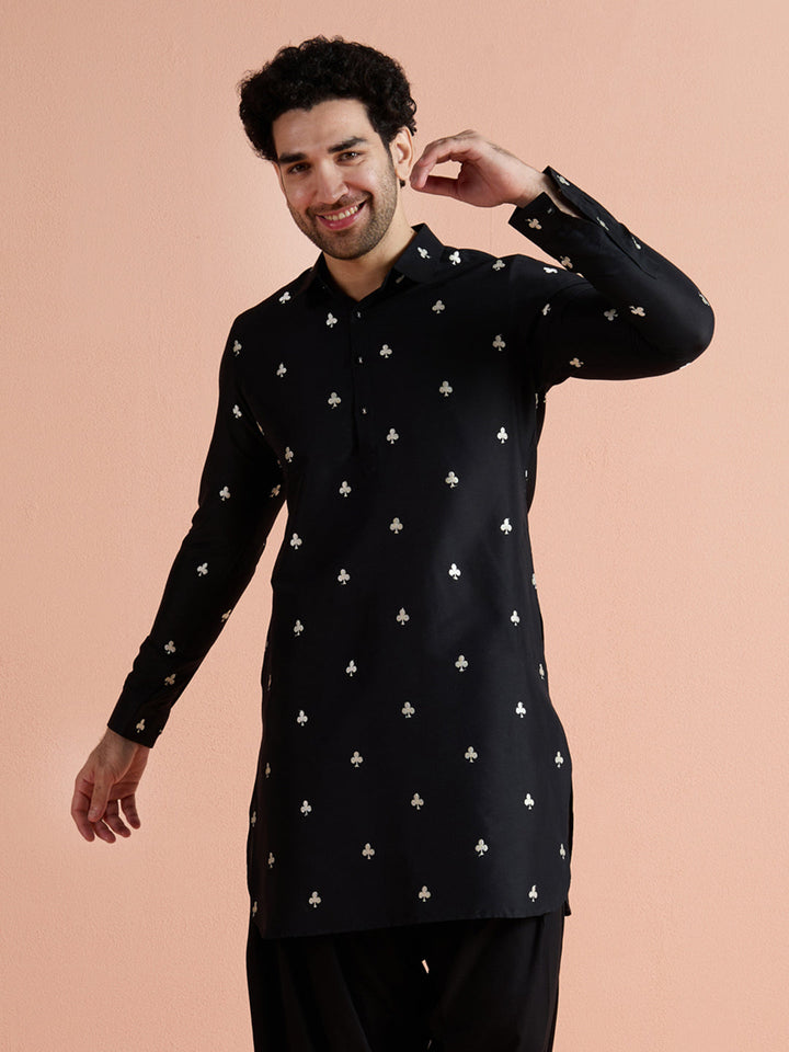 Black Cotton Embroidered Pathani Kurta For Men | SHOBITAM