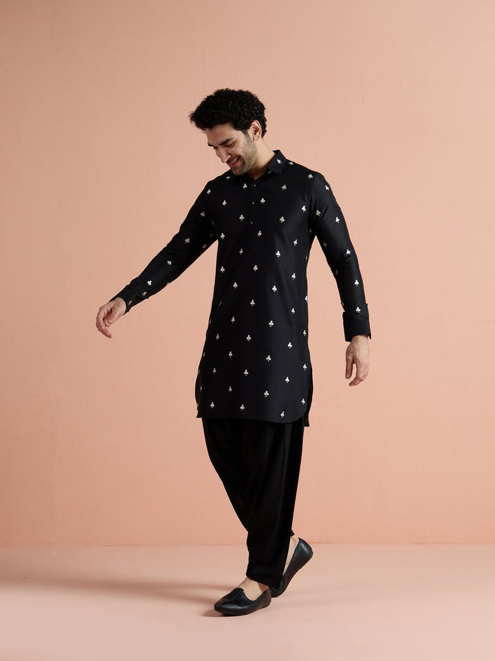 Black Cotton Embroidered Pathani Kurta For Men | SHOBITAM