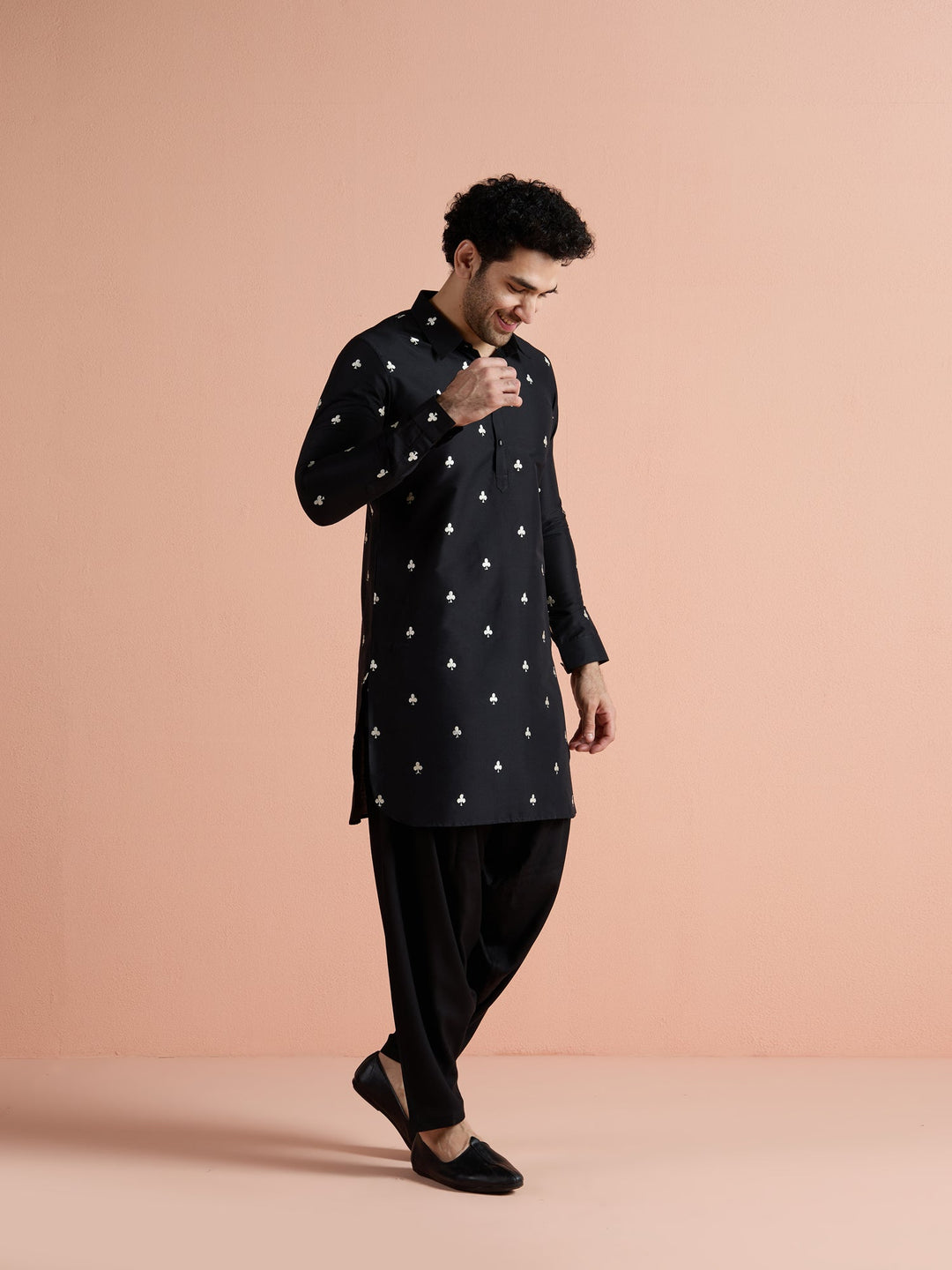 Black Cotton Embroidered Pathani Kurta For Men | SHOBITAM