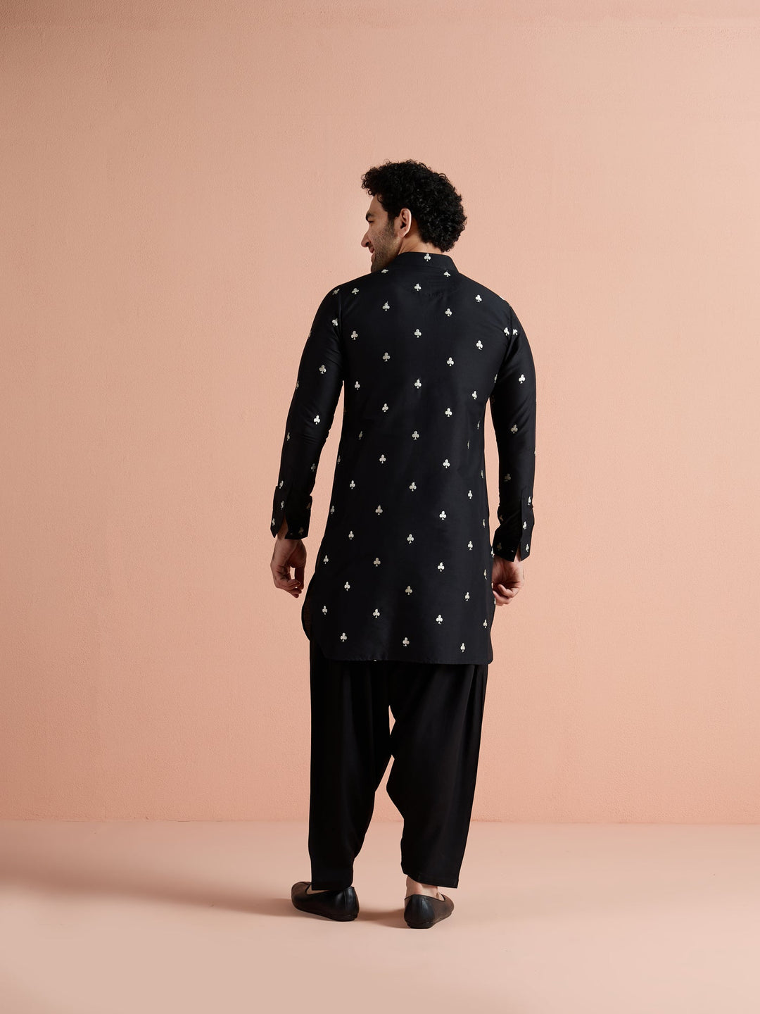Black Cotton Embroidered Pathani Kurta For Men | SHOBITAM