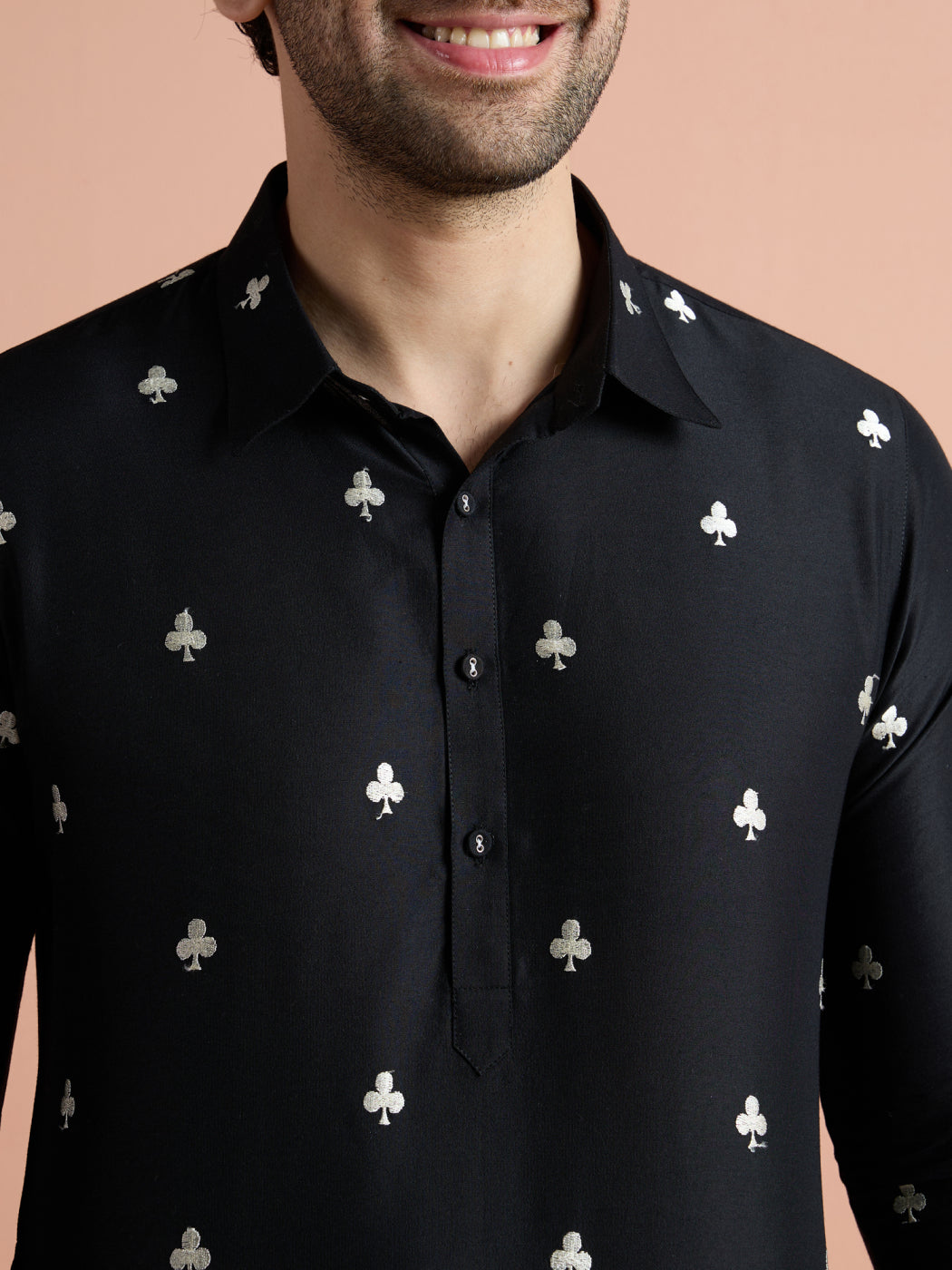 Black Cotton Embroidered Pathani Kurta For Men | SHOBITAM