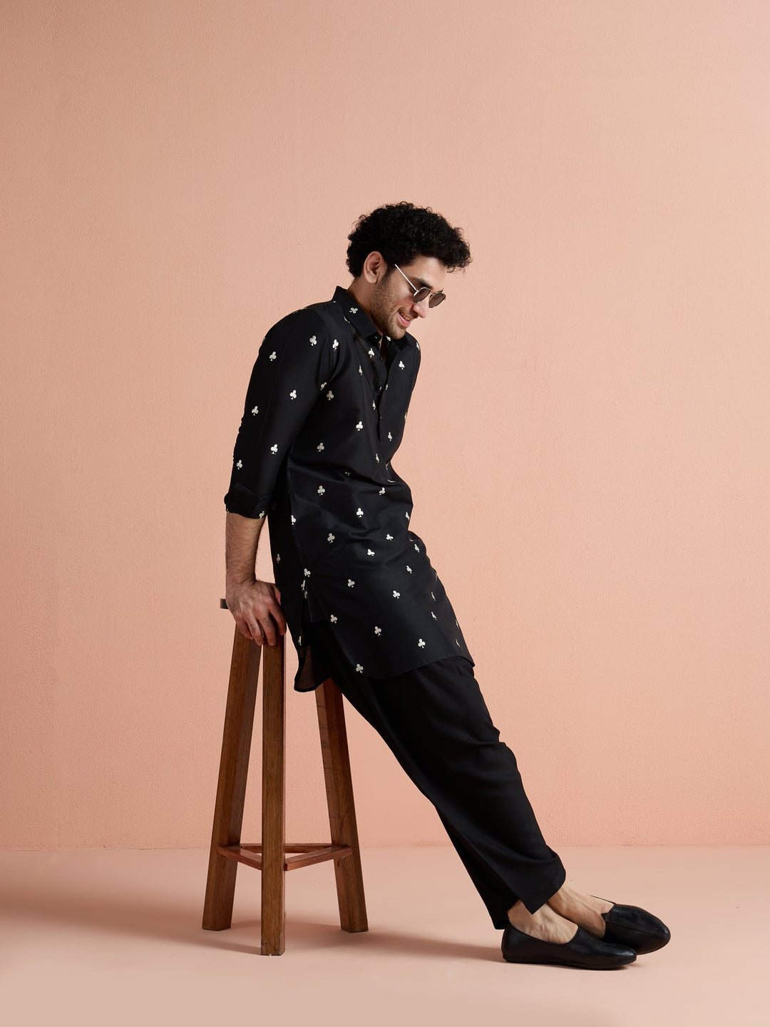 Black Cotton Embroidered Pathani Kurta For Men | SHOBITAM
