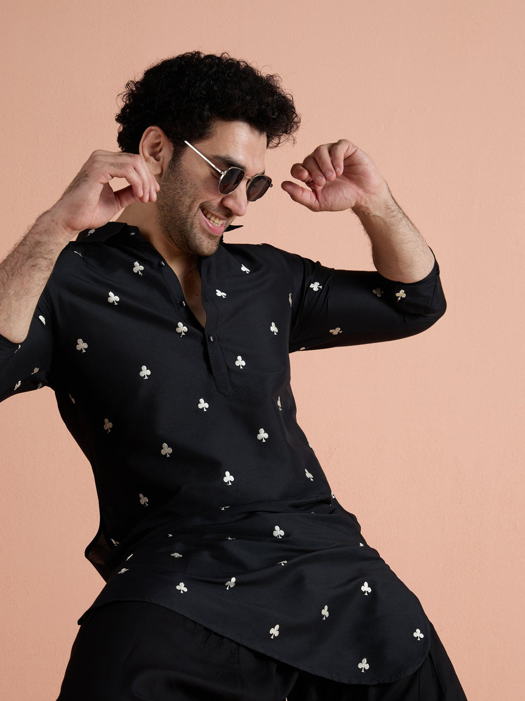 Black Cotton Embroidered Pathani Kurta For Men | SHOBITAM