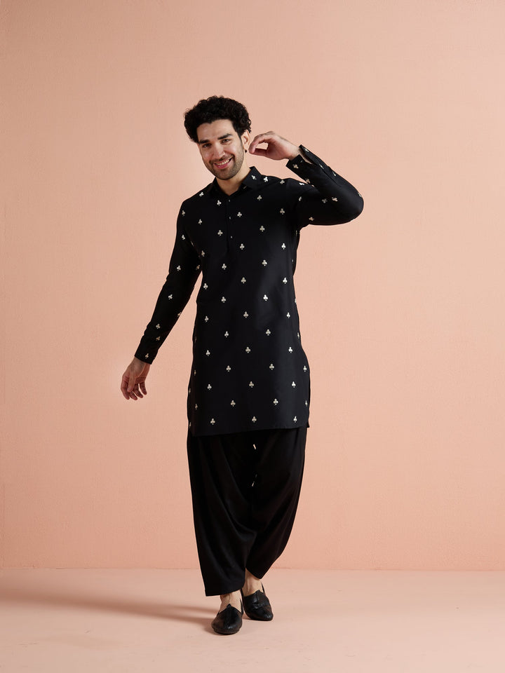 Black Cotton Embroidered Pathani Kurta For Men | SHOBITAM