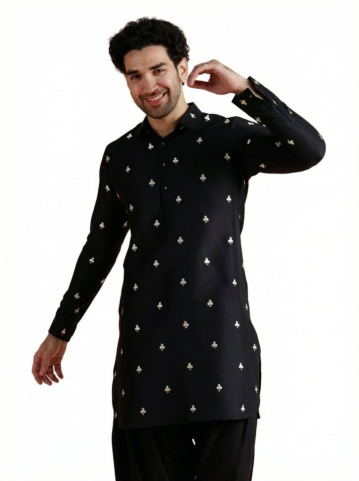 Black Cotton Embroidered Pathani Kurta For Men | SHOBITAM