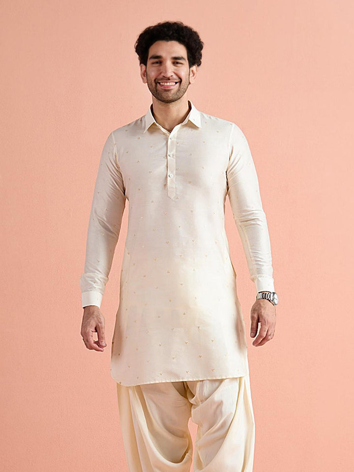 Off-White Viscose Embroidered Pathani Kurta For Men | SHOBITAM