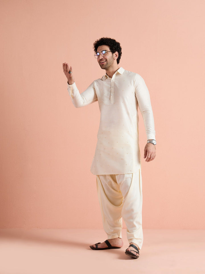 Off-White Viscose Embroidered Pathani Kurta For Men | SHOBITAM