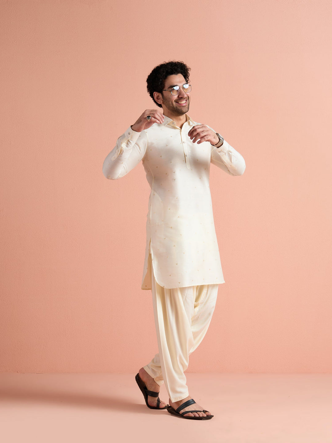 Off-White Viscose Embroidered Pathani Kurta For Men | SHOBITAM