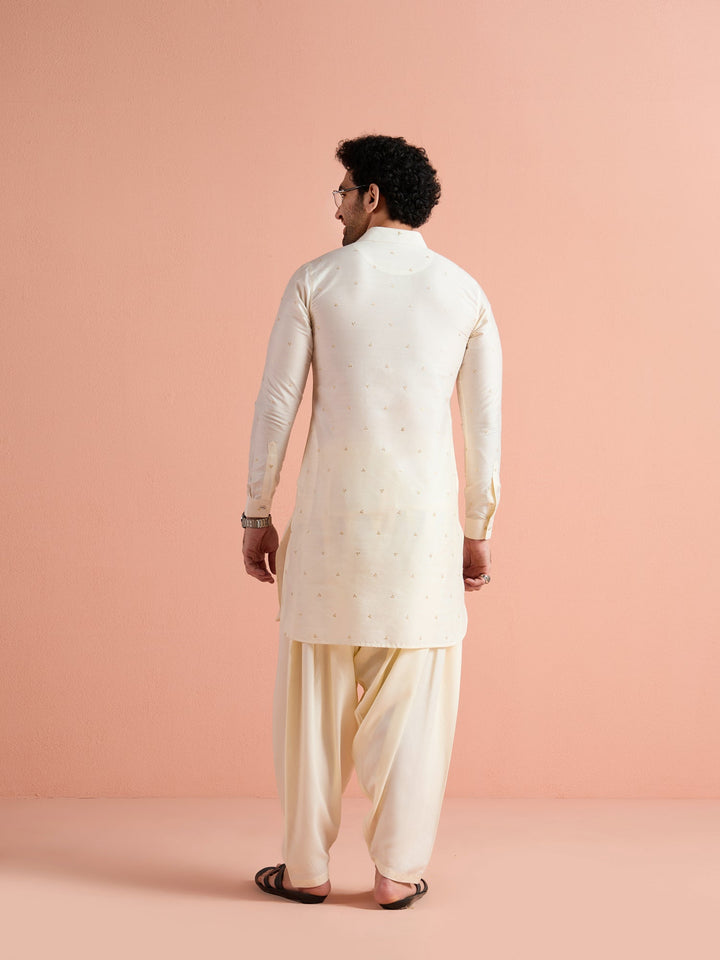 Off-White Viscose Embroidered Pathani Kurta For Men | SHOBITAM