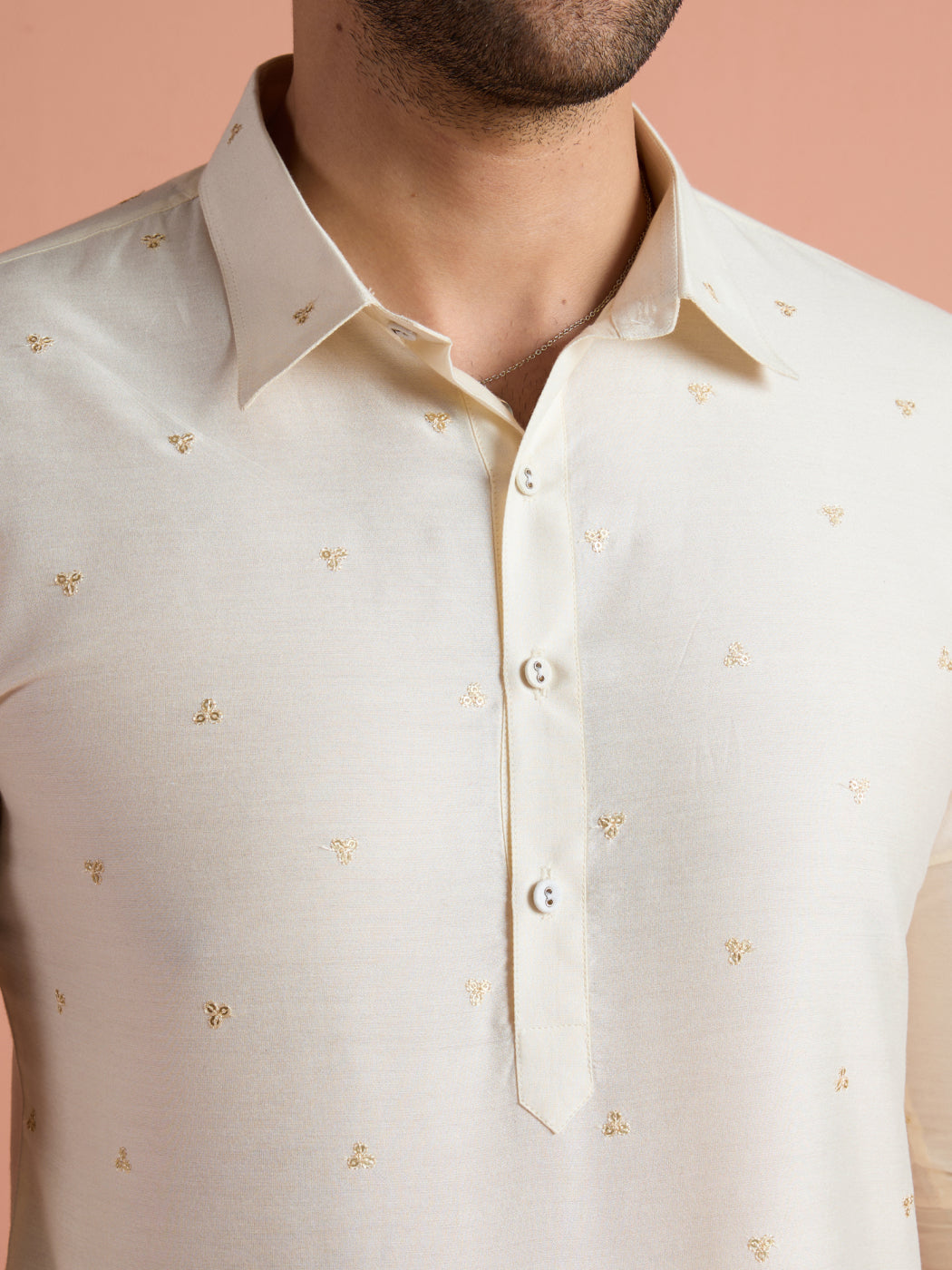 Off-White Viscose Embroidered Pathani Kurta For Men | SHOBITAM