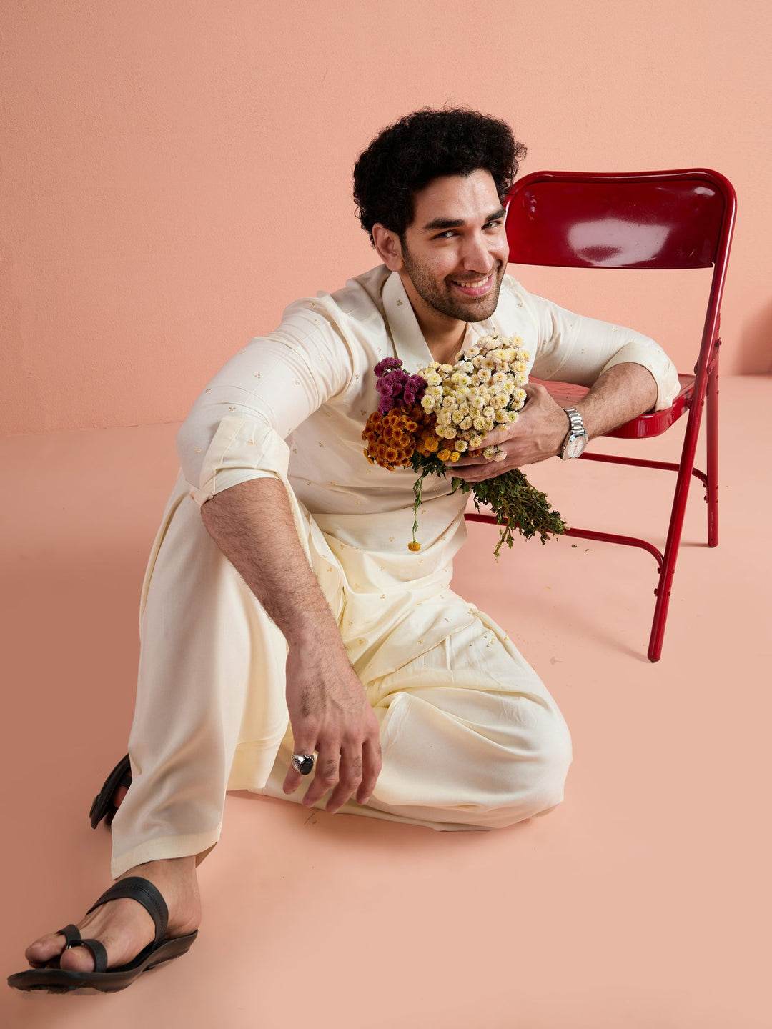 Off-White Viscose Embroidered Pathani Kurta For Men | SHOBITAM