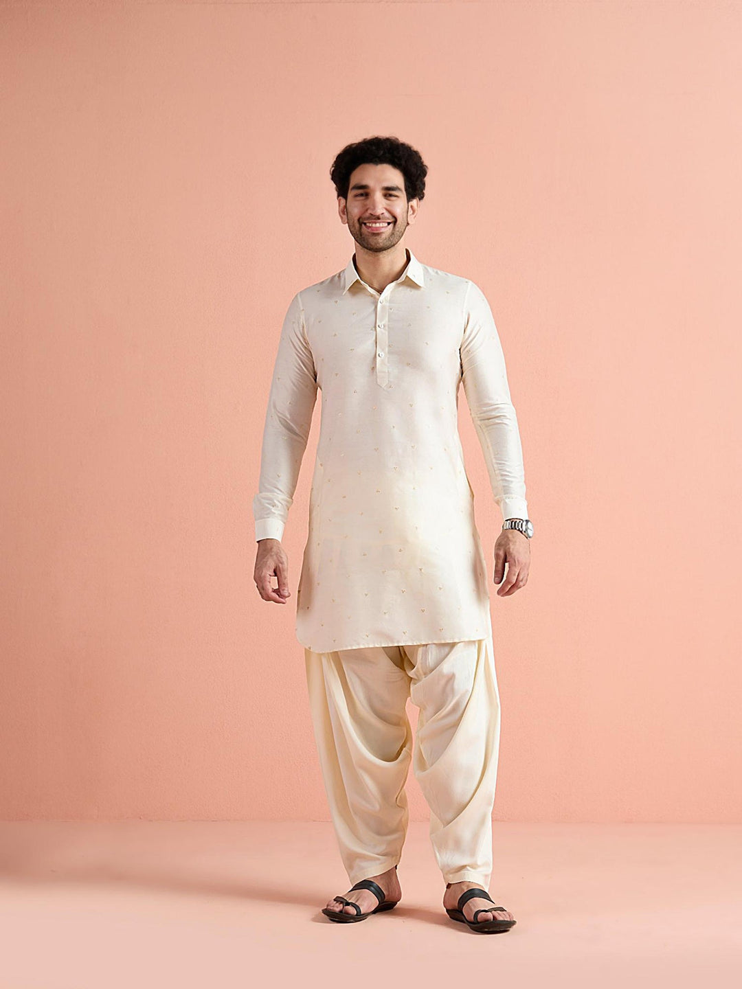 Off-White Viscose Embroidered Pathani Kurta For Men | SHOBITAM