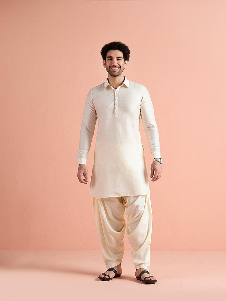 Off-White Viscose Embroidered Pathani Kurta For Men | SHOBITAM