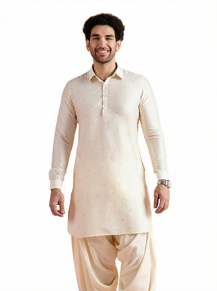 Off-White Viscose Embroidered Pathani Kurta For Men | SHOBITAM