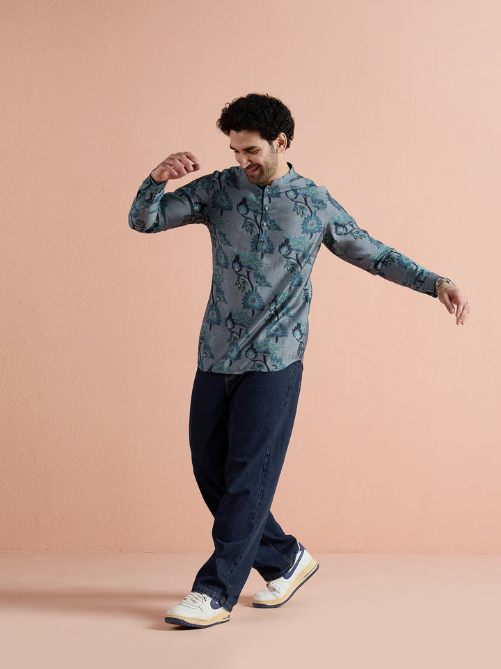Grey Polyviscose Printed Short Kurta | SHOBITAM