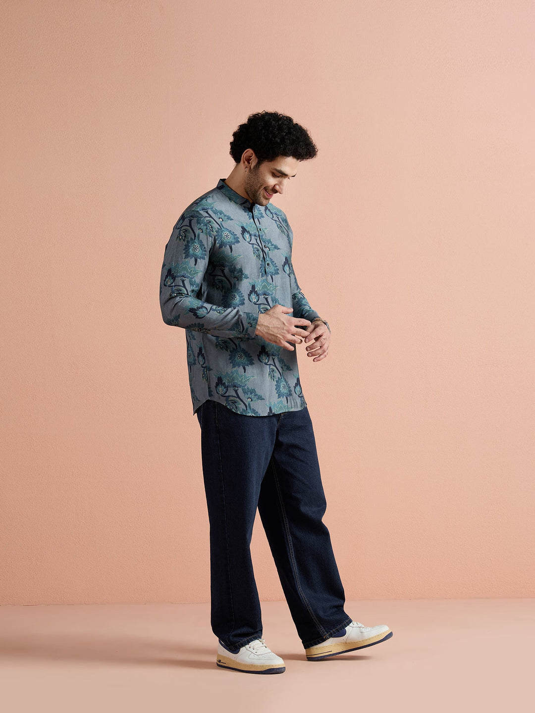 Grey Polyviscose Printed Short Kurta | SHOBITAM