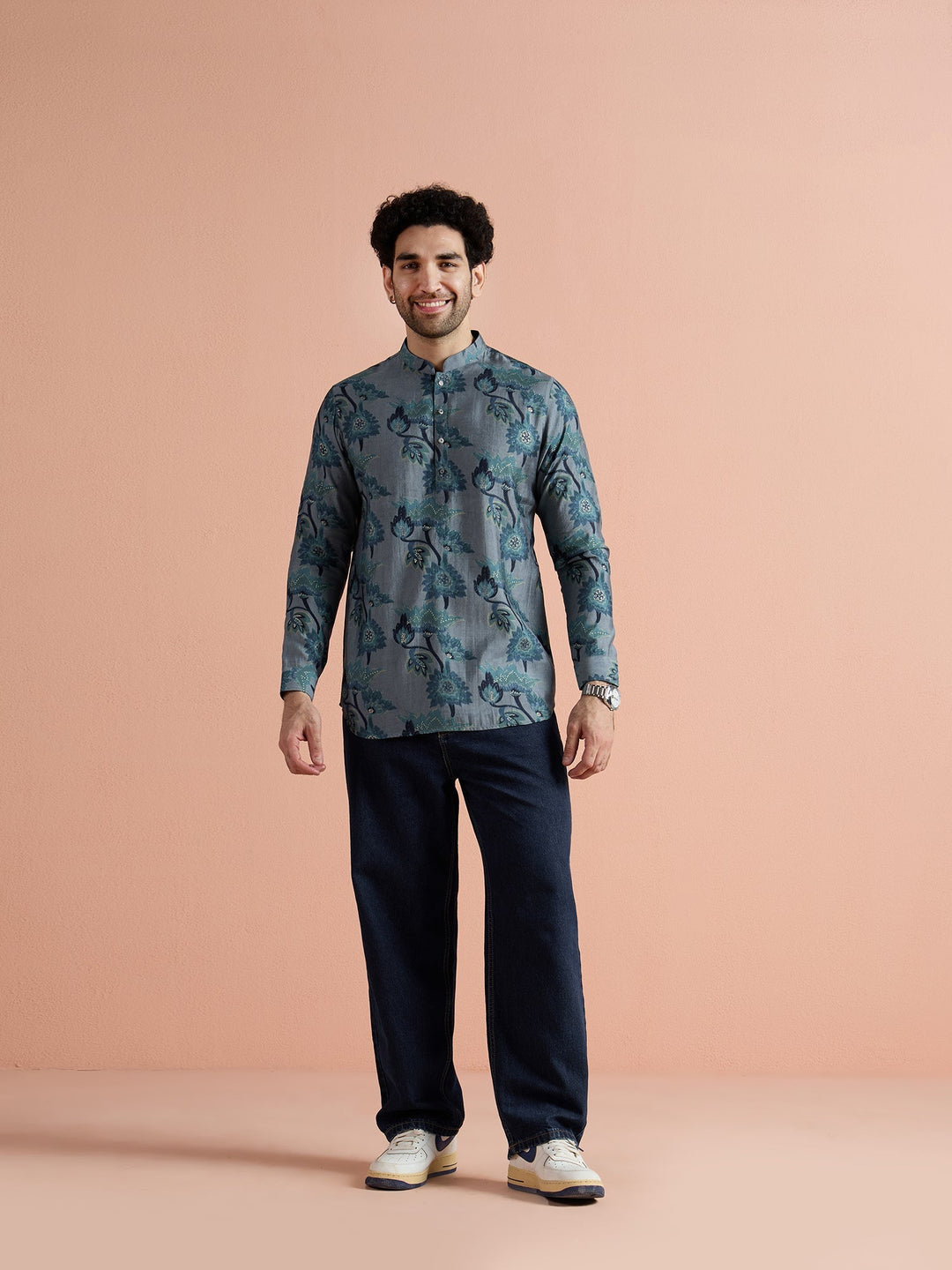 Grey Polyviscose Printed Short Kurta | SHOBITAM