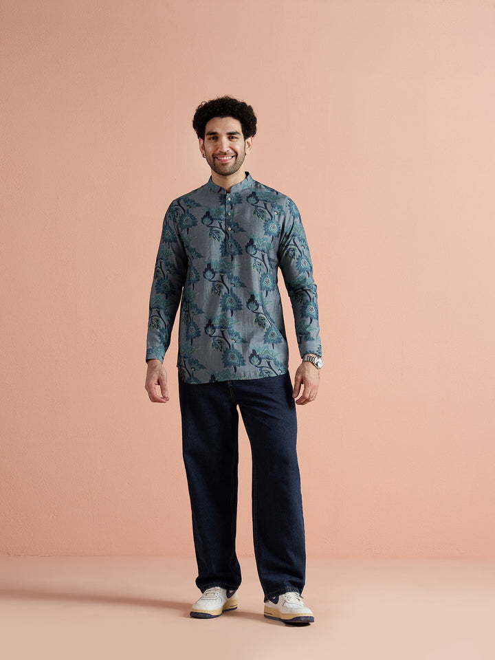 Grey Polyviscose Printed Short Kurta | SHOBITAM