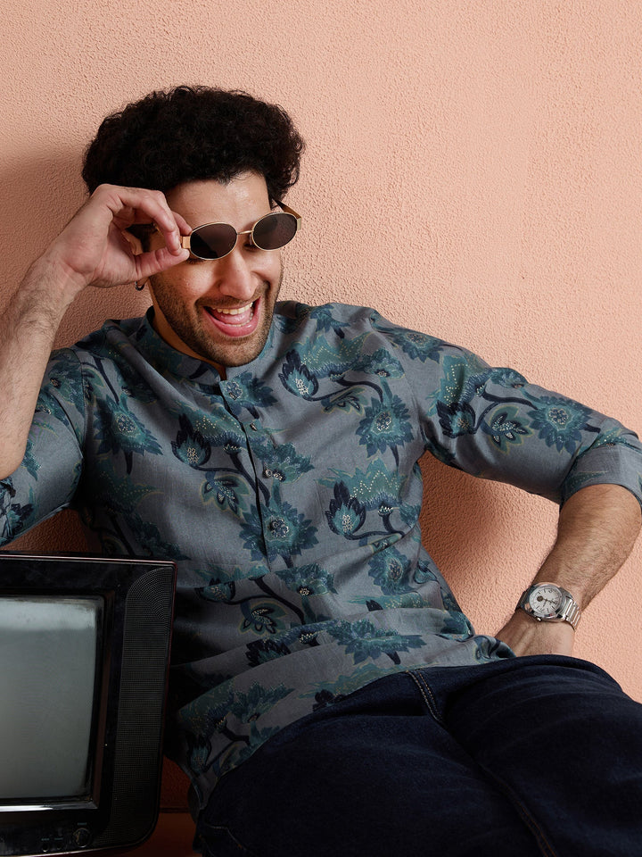 Grey Polyviscose Printed Short Kurta | SHOBITAM