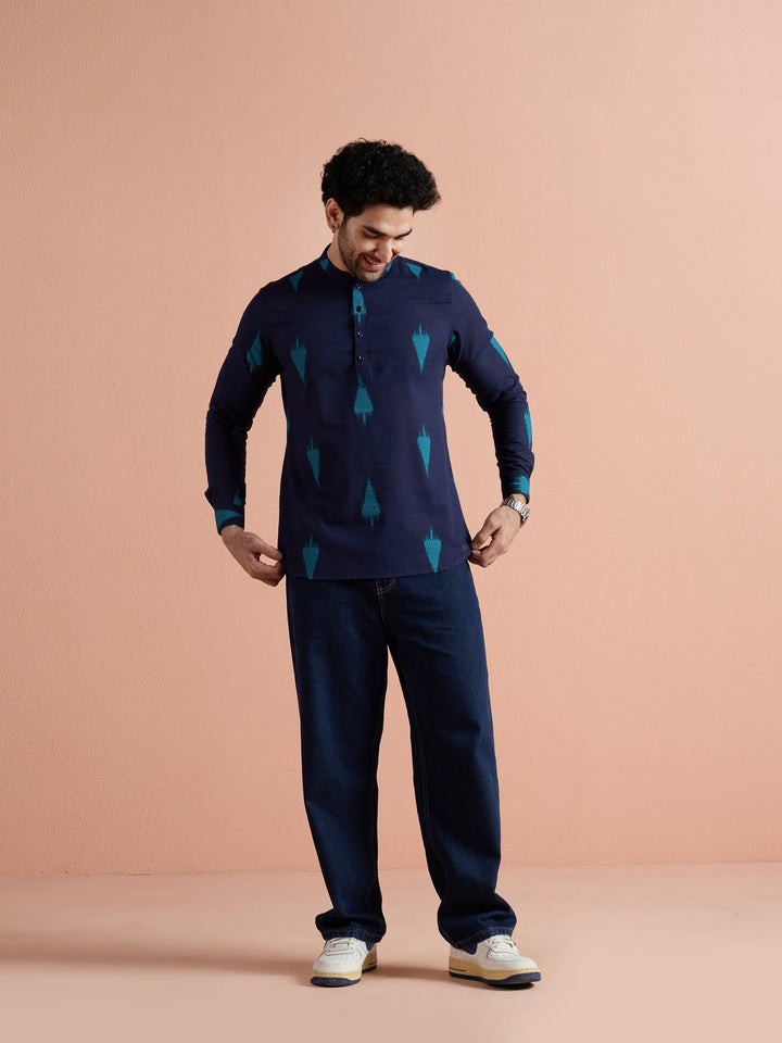 Navy Blue Cotton Printed Short Kurta For Men | SHOBITAM