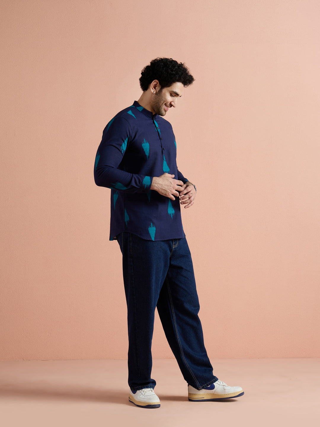 Navy Blue Cotton Printed Short Kurta For Men | SHOBITAM