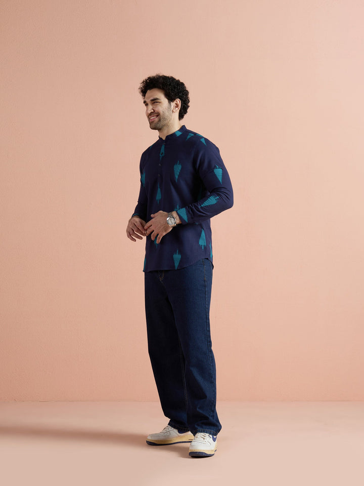 Navy Blue Cotton Printed Short Kurta For Men | SHOBITAM