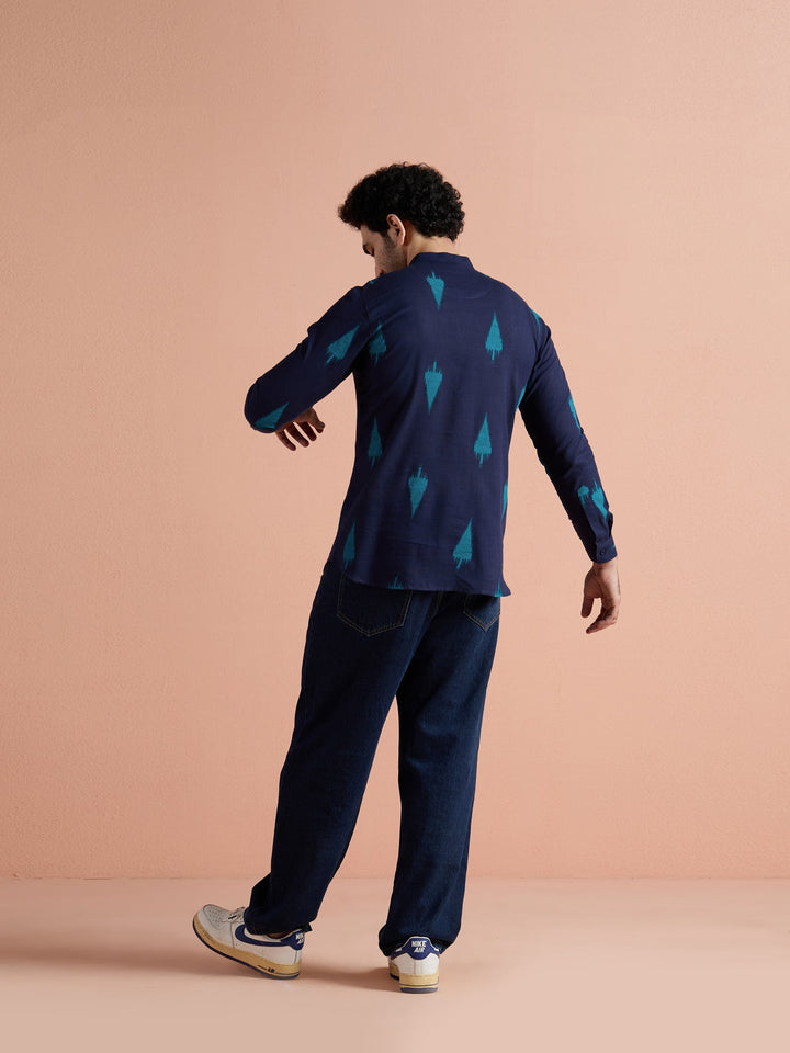 Navy Blue Cotton Printed Short Kurta For Men | SHOBITAM