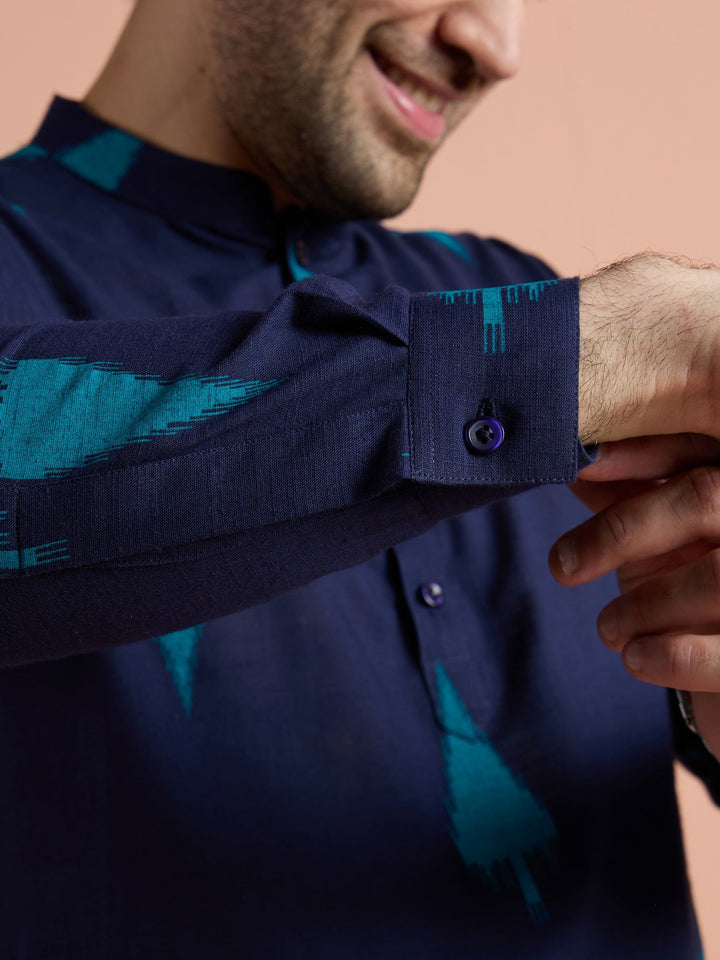 Navy Blue Cotton Printed Short Kurta For Men | SHOBITAM