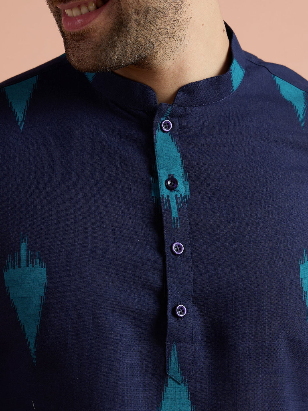 Navy Blue Cotton Printed Short Kurta For Men | SHOBITAM